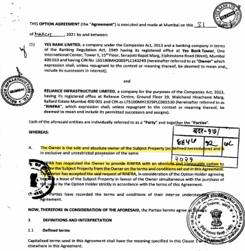 Is Yes Bank Providing Custodial Services to RInfra for Its Valuable Property?